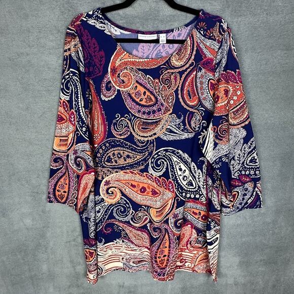Susan Graver Tops - Susan Graver Top Womens Extra Large Navy Paisley Liquid Knit Stretch 3/4 Length